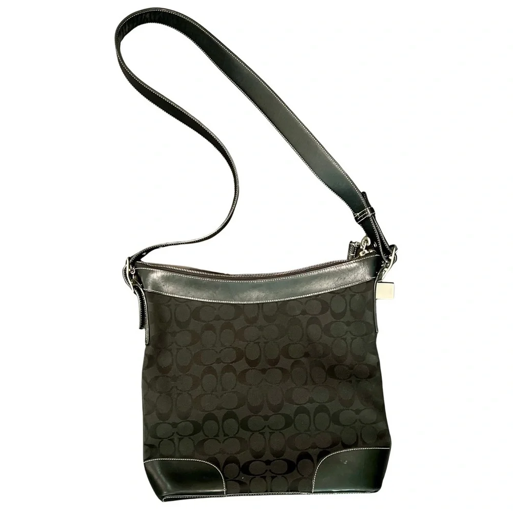 Coach Signature Jacquard Crossbody Shoulder Bag Black Leather Trim Style 6840